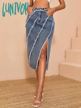 Lunivop Y2K Women Fashion Denim Skirt Vintage Slit Hem Raw Edge Bodycon High Waist Versatile